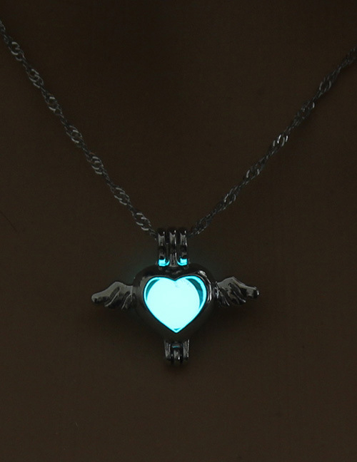 Fashion Blue Green Angel Heart Openwork Wings Hearts Night Light Cage Necklace