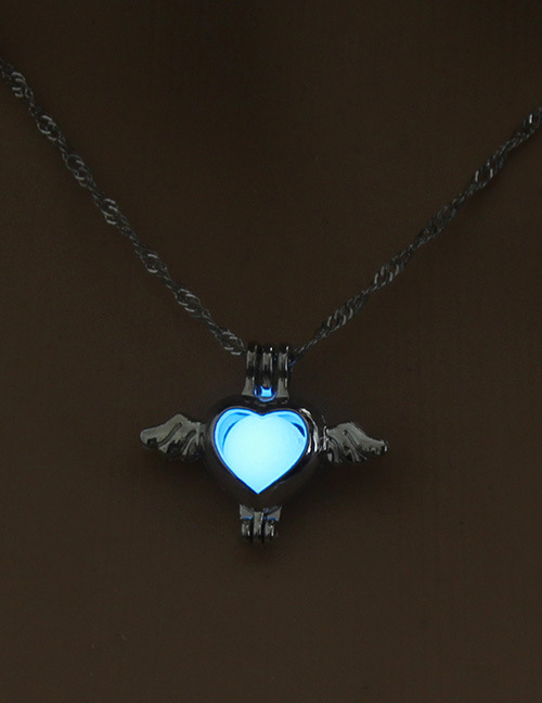 Fashion Sky Blue Sky Makes The Heart Openwork Wings Hearts Night Light Cage Necklace