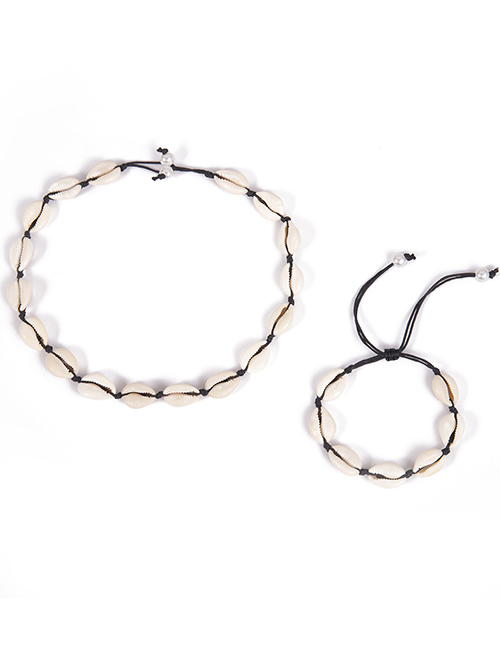 Fashion Black Line Shell Set Pearl Geometric Braided Shell Line Adjusting Buckle Necklace Set