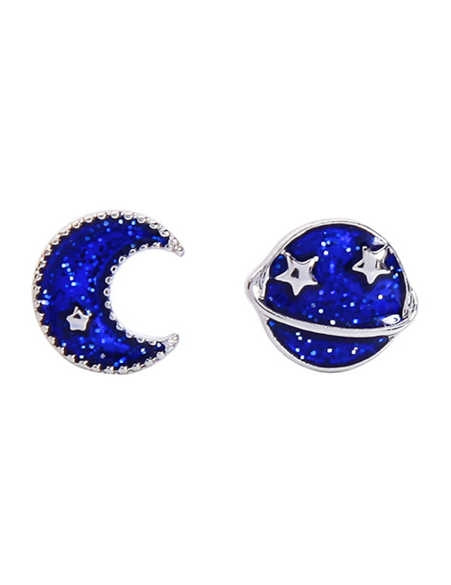 Fashion Blue Drip Oil  Sterling Silver Starry Star And Moon Asymmetrical Earrings