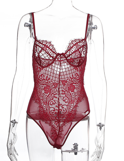 Fashion Wine Red Lace Mesh Yarn Stitching Solid Color Sling Sexy Jumpsuit