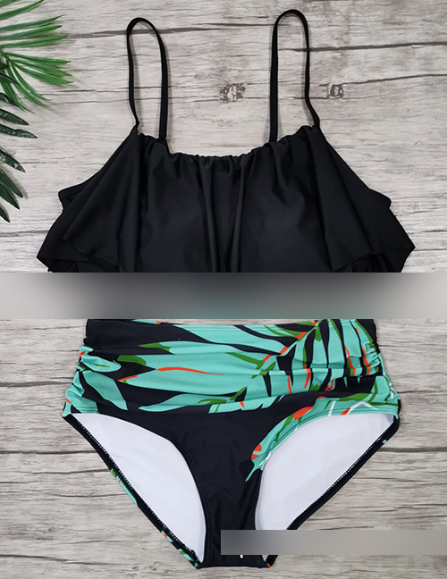 Fashion Black + Leaf Pants Ruffled Printed High Waist Bikini