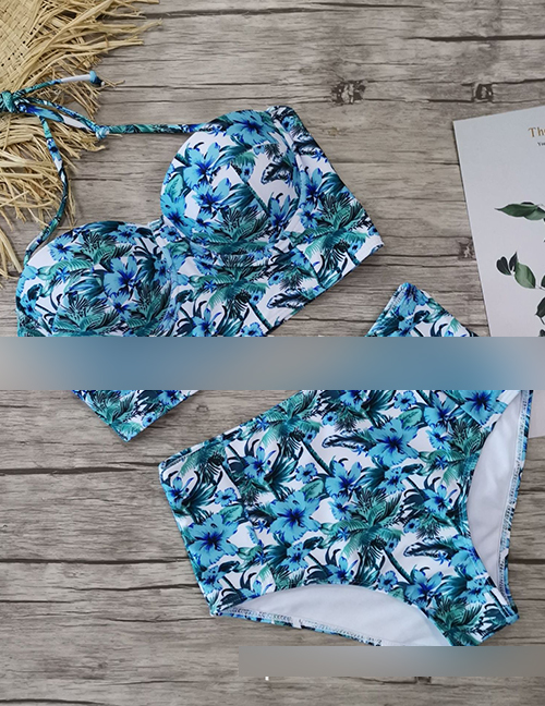 Fashion Blue Flower Floral Print High Waist Bikini
