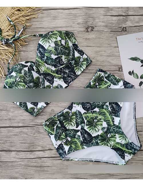 Fashion Green Leaf On White Floral Print High Waist Bikini