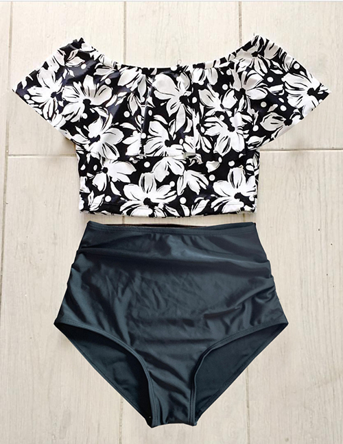 Fashion Black And White Flower One-shoulder Ruffled Printed High-waist Bikini