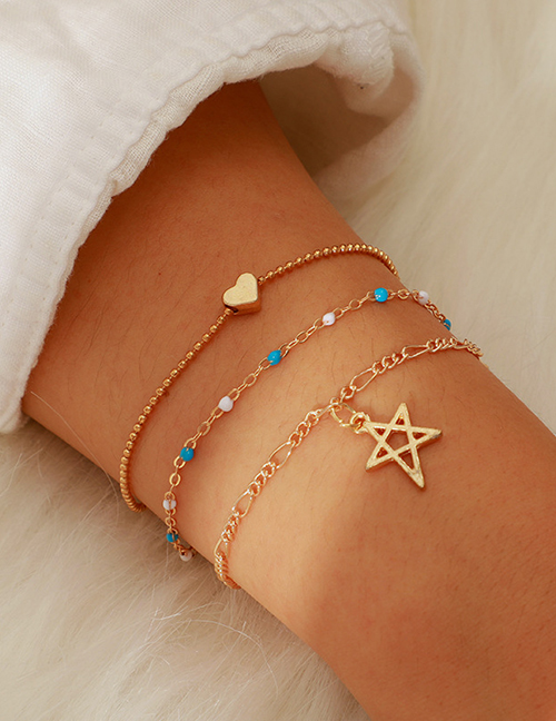 Fashion Gold Alloy Hollow Star Rice Beads Chain Bracelet 3 Layers