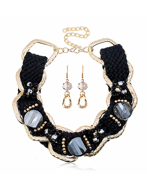 Fashion Black Woven Diamond Flower Necklace Earring Set
