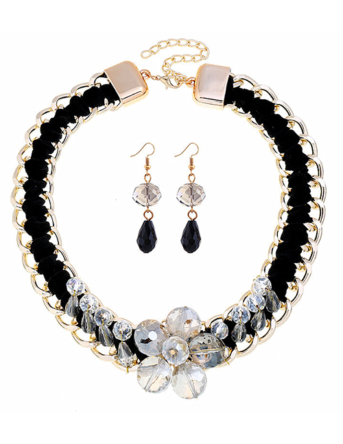 Fashion Black Woven Resin Flower Necklace Earrings Set