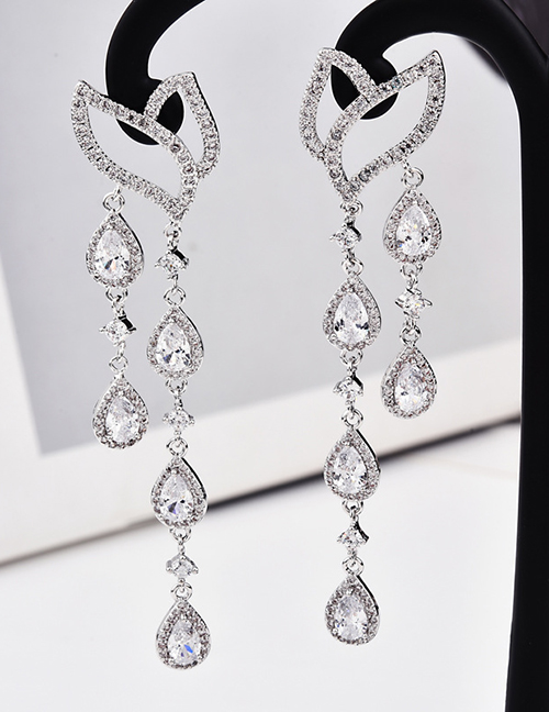 Fashion Silver  Silver Needle Leaves Water Droplets Micro-inlaid Zircon Earrings