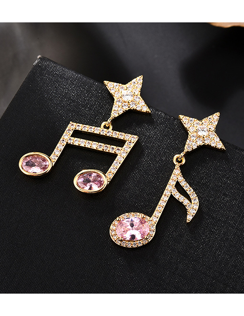 Fashion Pink  Silver Needle Zircon Asymmetric Note Earrings