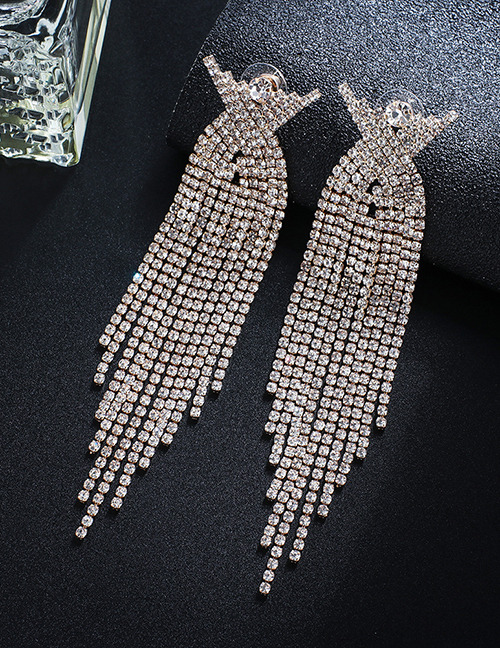 Fashion Gold + White Diamond Claw Chain Studded Tassel Earrings
