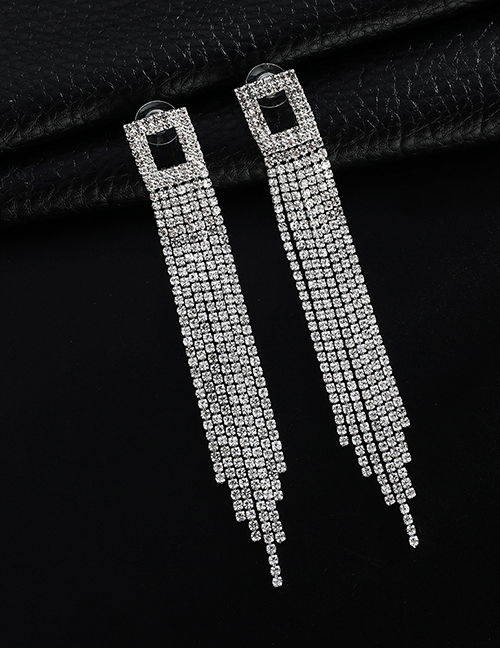 Fashion Silver + White Diamond Claw Chain Full Of Tassel Earrings