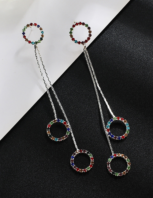 Fashion Silver + Color Diamond Claw Chain Tassel Circle Earrings