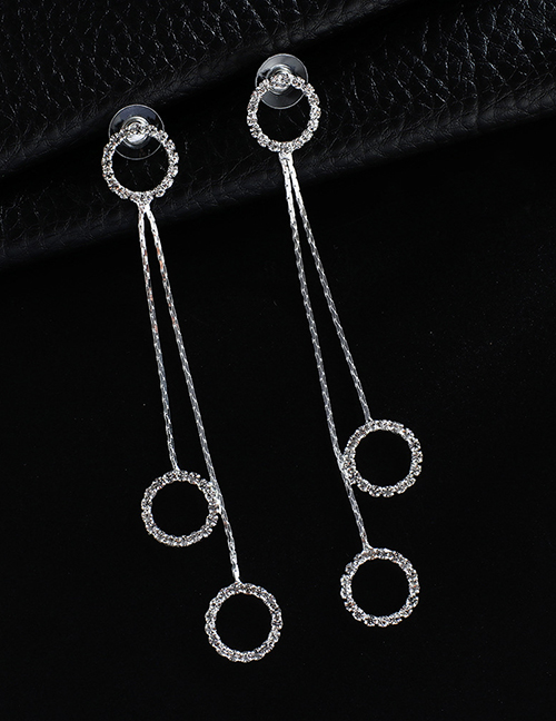 Fashion Silver + White Diamond Claw Chain Tassel Circle Earrings