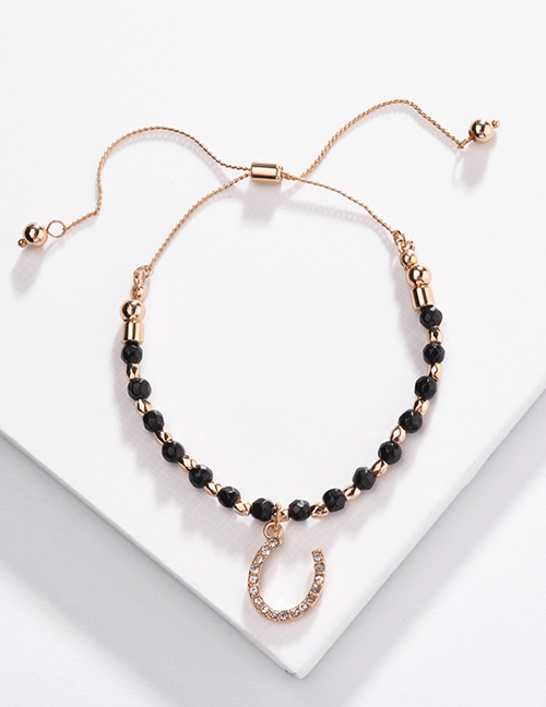 Fashion Black Alloy Drill U-shaped Pull Natural Stone Beads Bracelet