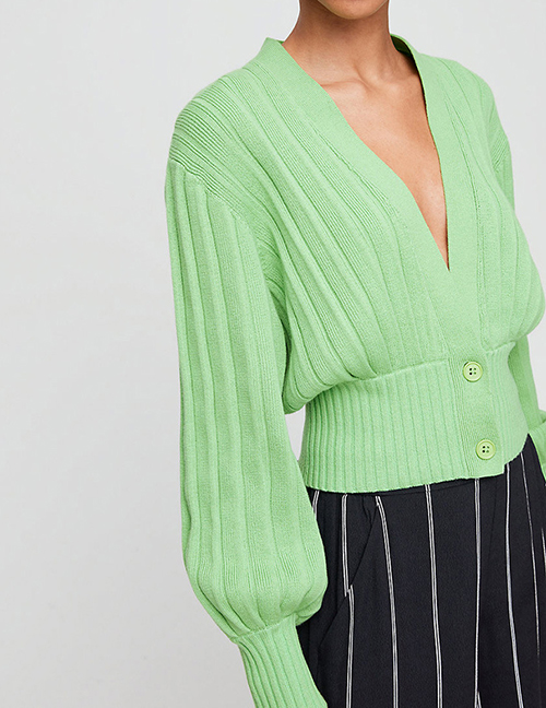 Fashion Green Single-breasted V-neck Lantern Sleeve Sweater