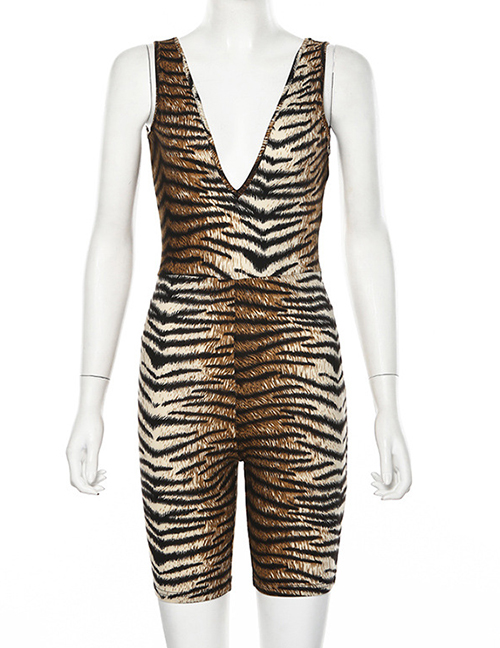 Fashion Tiger Pattern V-neck Halter One-piece Pants