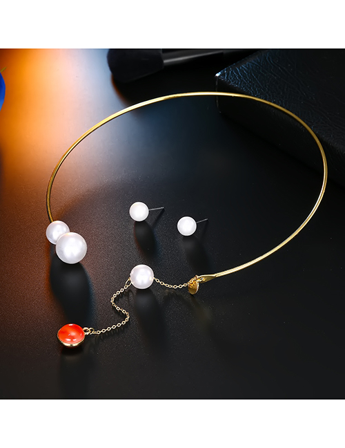 Fashion Red Round Pearl Open Pearl Stud Earrings Set