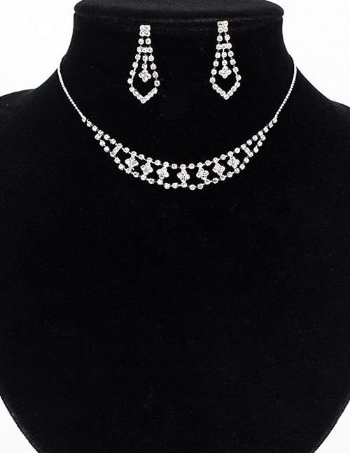 Fashion Silver Openwork Flower-studded Earrings Necklace Set