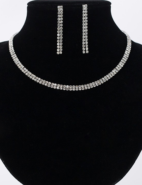 Fashion Silver Double Diamond Necklace Earring Set