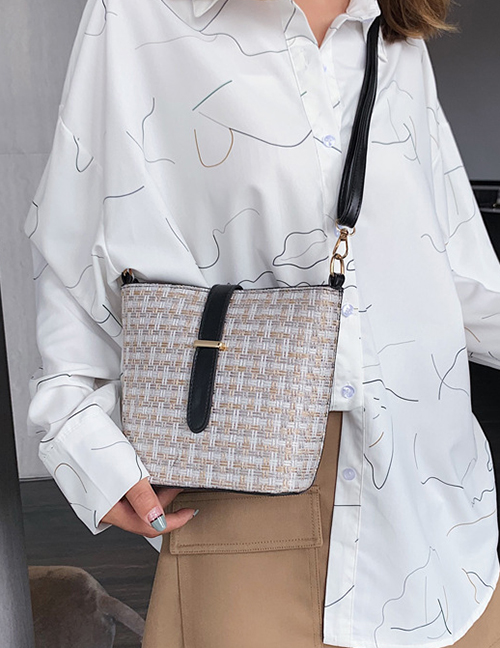 Fashion Black Straw Stitching Belt Buckle Shoulder Messenger Bag