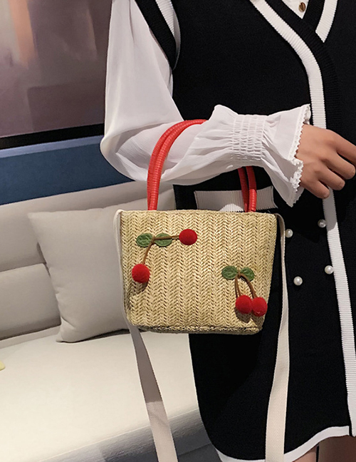 Fashion Khaki Cherry Cartoon Fruit Straw Handbag Shoulder Messenger Bag