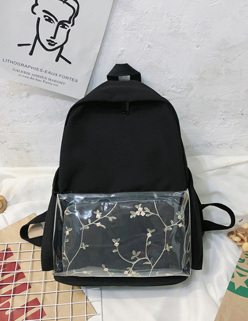 Fashion Black Embroidered Stitching Backpack