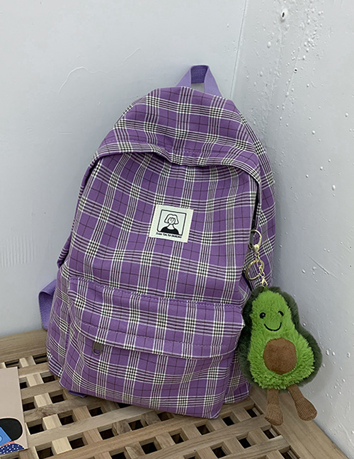 Fashion Purple Plaid Label Canvas Backpack