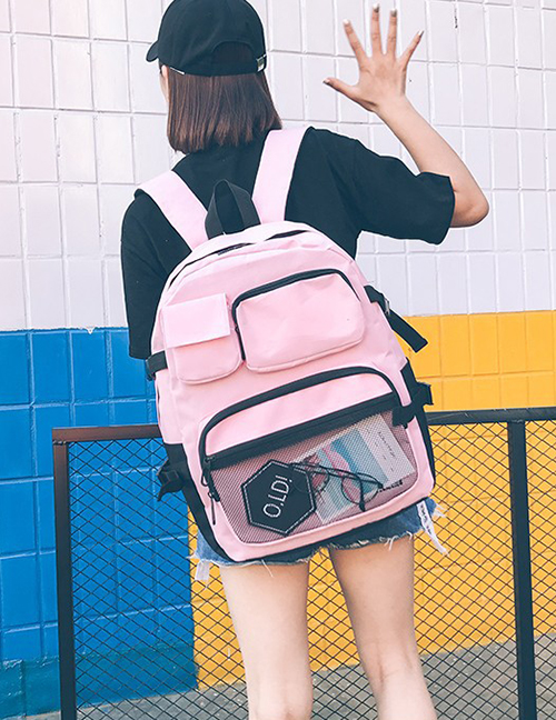 Fashion Pink Net Pocket Stitching Backpack