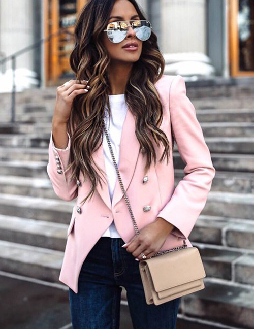 Fashion Pink Thick V-neck Double-breasted Small Suit