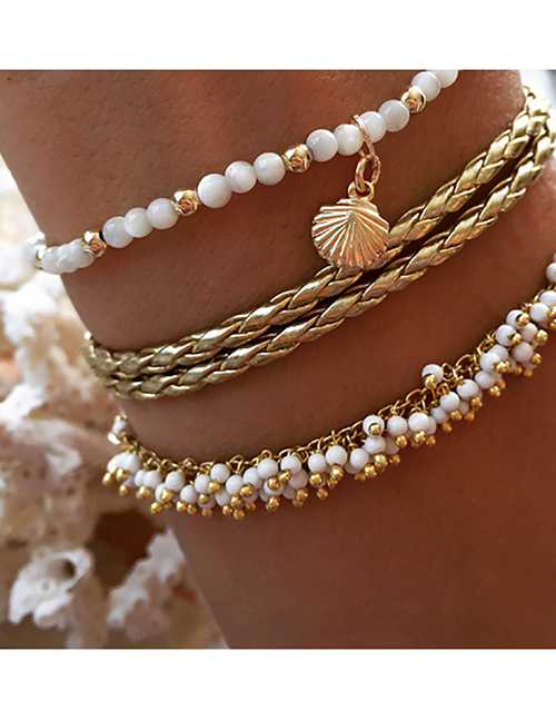 Fashion Gold Alloy Rice Beads Fringed Shell Anklet 3 Sets