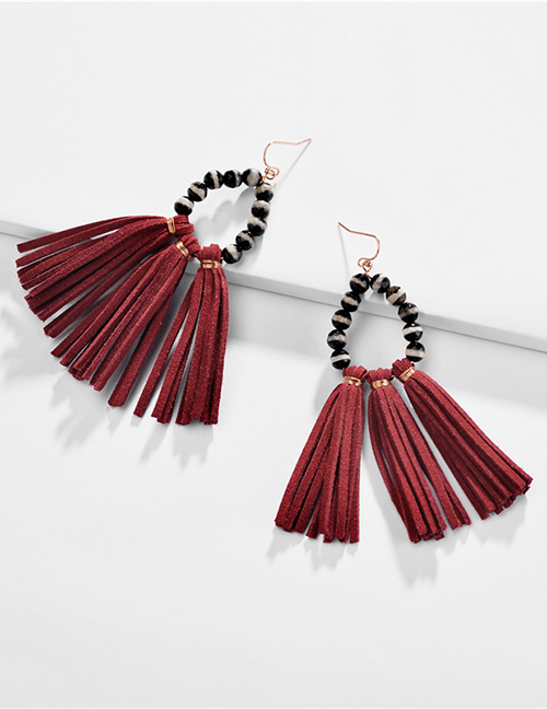 Fashion Red Natural Gravel Beads Korean Velvet Fringe Drop Earrings