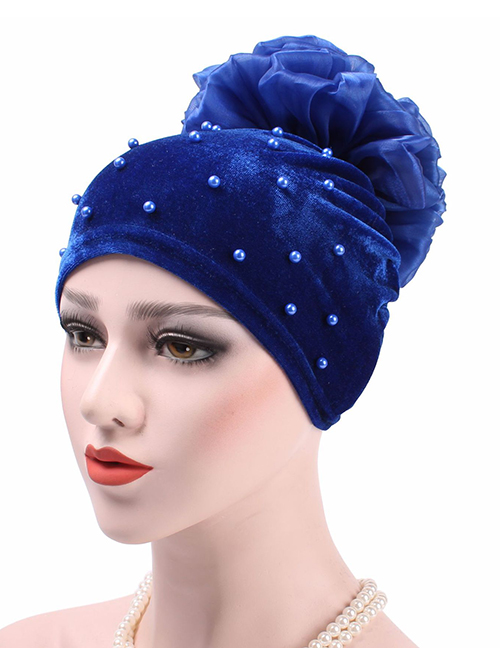 Fashion Royal Blue Velvet Nails With Flower Baotou Cap
