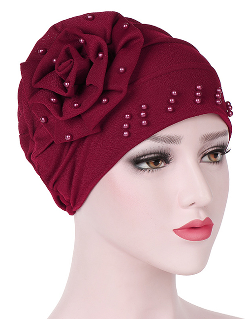 Fashion Red Side Flower Flower Beaded Large Flower Headscarf Cap