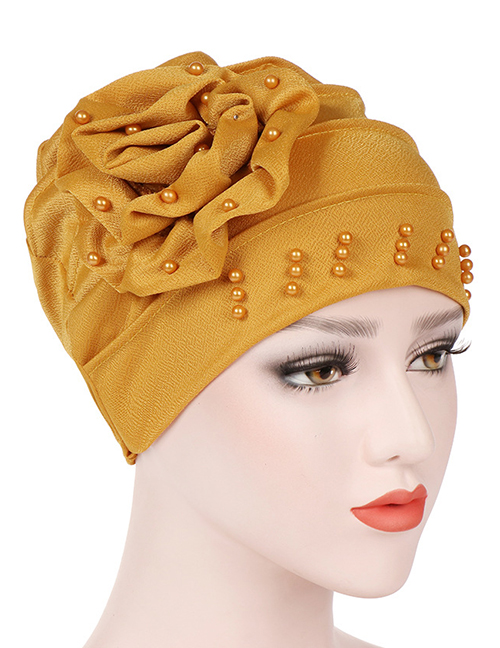 Fashion Yellow Side Flower Flower Beaded Large Flower Headscarf Cap