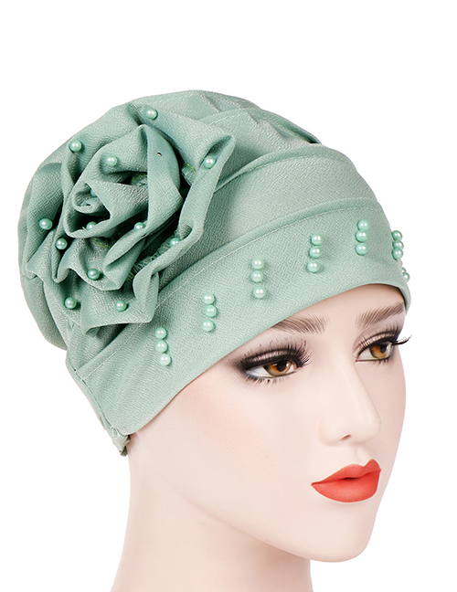 Fashion Mint Green Side Flower Flower Beaded Large Flower Headscarf Cap