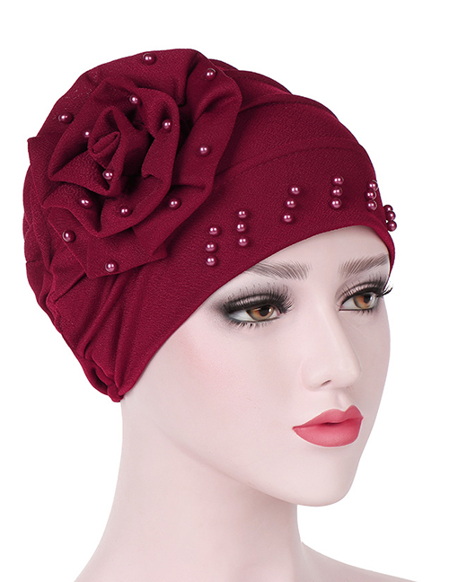 Fashion Wine Red Side Flower Flower Beaded Large Flower Headscarf Cap