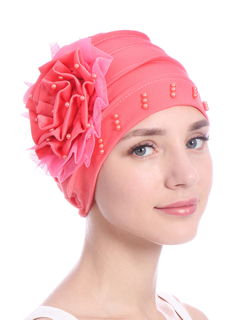 Fashion Watermelon Red Side Flower Mesh Gauze Lace Edging Beaded Head Cap Pure