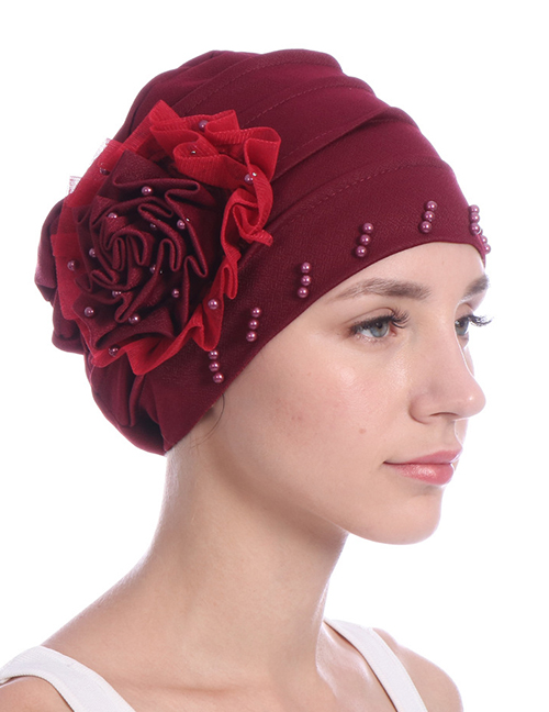 Fashion Wine Red Side Flower Mesh Gauze Lace Edging Beaded Head Cap Pure