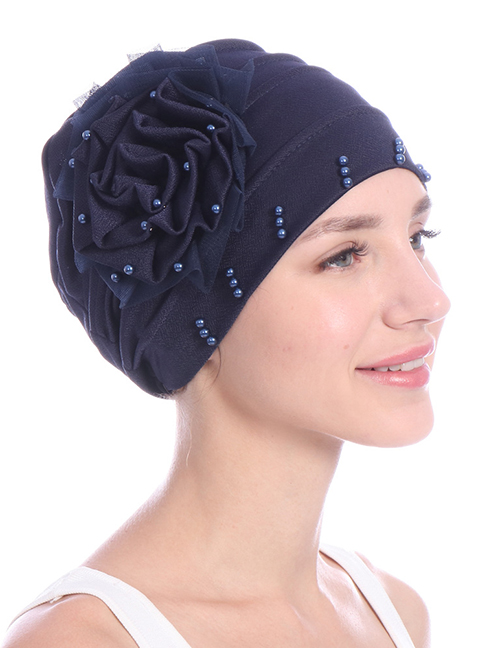 Fashion Navy Side Flower Mesh Gauze Lace Edging Beaded Head Cap Pure