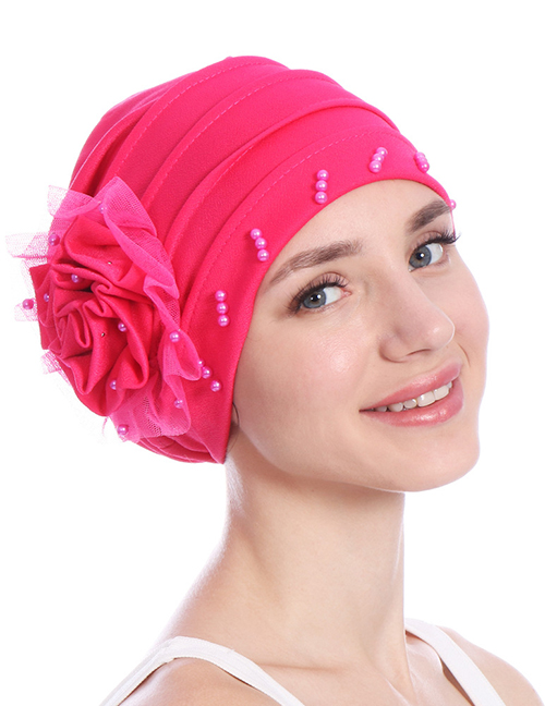 Fashion Rose Red Side Flower Mesh Gauze Lace Edging Beaded Head Cap Pure