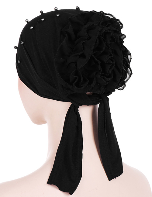 Fashion Black Panhua Beaded Large Flower Headscarf Cap