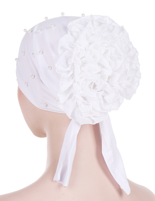 Fashion White Panhua Beaded Large Flower Headscarf Cap