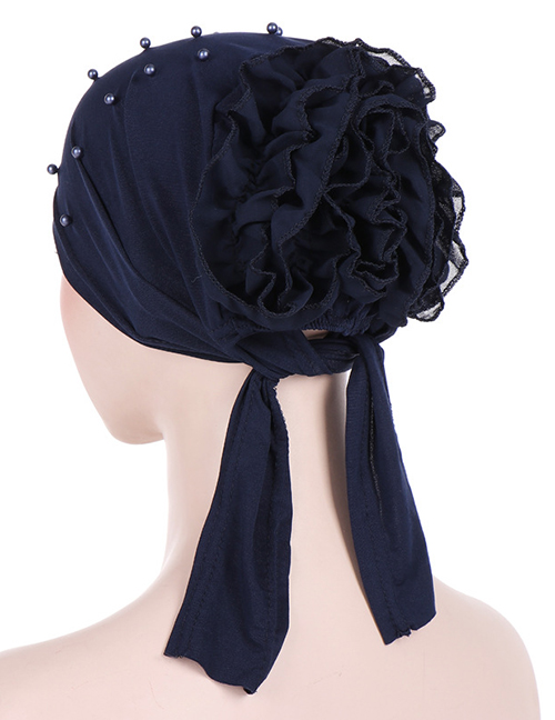Fashion Navy Panhua Beaded Large Flower Headscarf Cap