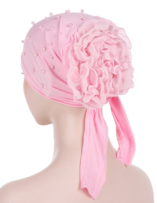 Fashion Pink Panhua Beaded Large Flower Headscarf Cap