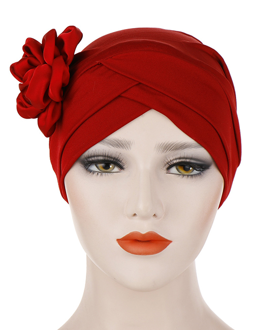 Fashion Wine Red Milk-colored Side Flower Turban Cap