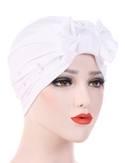 Fashion White Detachable Bow Neck Pearl Towel Cap