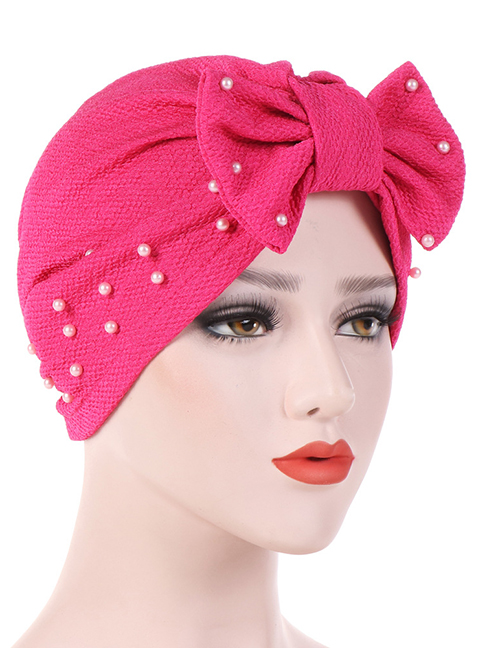 Fashion Rose Red Detachable Bow Neck Pearl Towel Cap