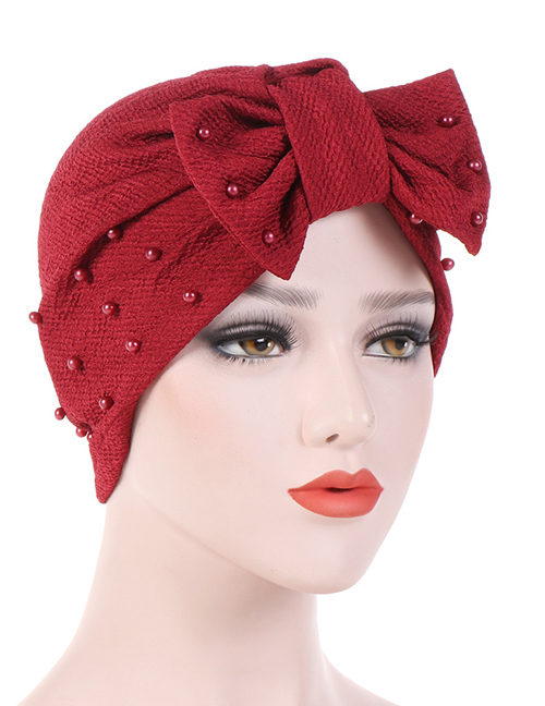 Fashion Wine Red Detachable Bow Neck Pearl Towel Cap