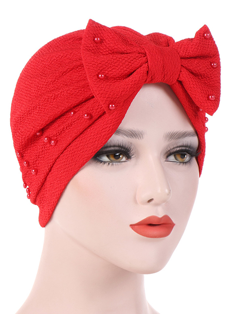 Fashion Red Detachable Bow Neck Pearl Towel Cap